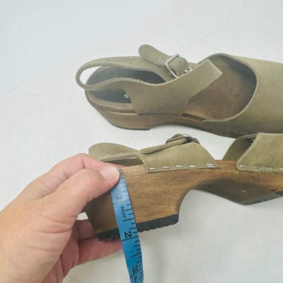 Lotta from Stockholm Green Leather Clogs Wooden Heels Adjustable Strap Size 37 - Picture 14 of 15